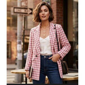 Shein  Pink & White Gingham Blazer With Double-Breasted Button Closure size XL